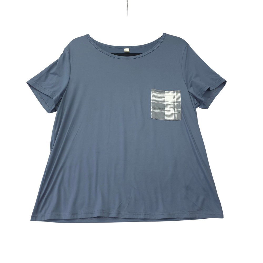 Unbranded Slate Blue Short Sleeve Plaid Pocket Top Size L Preppy Casual Basic